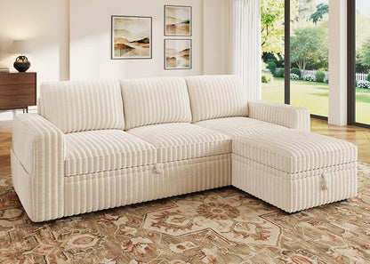 HONBAY Modular Sectional Sofa with Pull Out Bed,Corduroy L Shaped Sleeper Sofa with Storage, Sectional Couches for Living Room,Beige