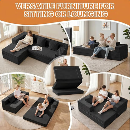 79" Modular Sectional Sofa, Boneless Convertible Sleeper Sofa Bed, Modern Tri-Folding Cloud Couch with L-Shape Chaise, Corduroy Futon for Living Room Small Spaces Apartment, No Assembly