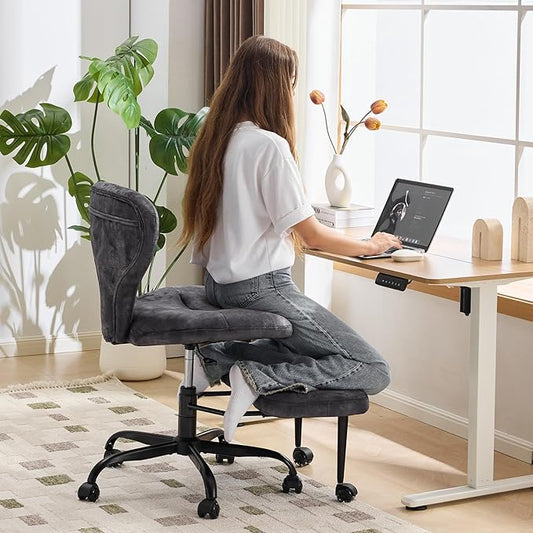 YFO Ergonomic Cross Legged Office Chair and ADHD Meditation Chair with Silent Wheels for Home Office Desk Chair and Yoga, Wider Backrest Support and Storage Pockets Design, Velvet Fabric, Grey