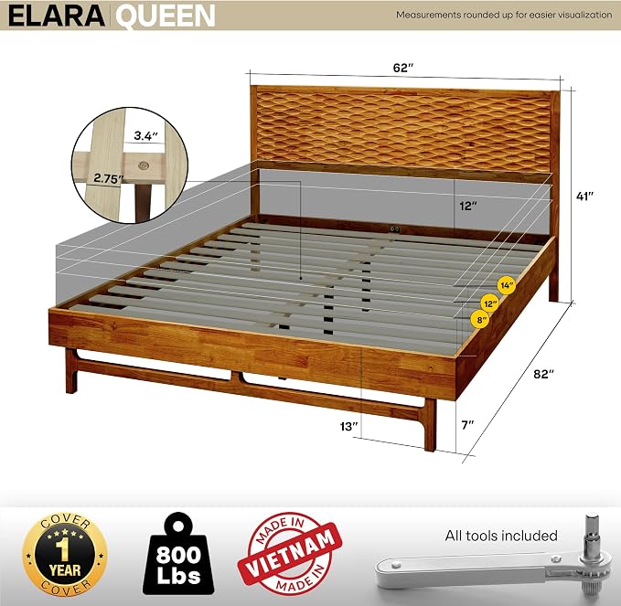 Acacia Elara Queen Platform Bed Frame – Mid-Century Modern Style, Carved Headboard, Solid Wood, Caramel Finish, No Box Spring, 800lbs Support, Easy Assembly with Tools Included