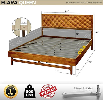 Acacia Elara Queen Platform Bed Frame – Mid-Century Modern Style, Carved Headboard, Solid Wood, Caramel Finish, No Box Spring, 800lbs Support, Easy Assembly with Tools Included