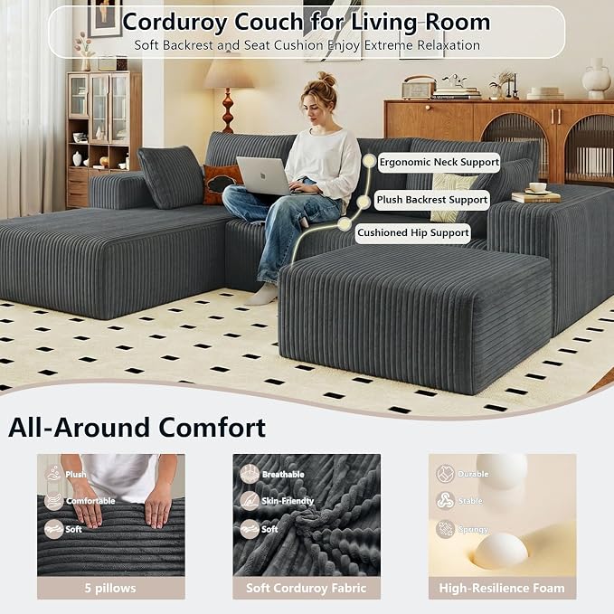 95" Cloud Sectional Couch U-Shaped Chaise with Ottoman, Corduroy Boneless Couch for Living Room Bedroom, Deep-Seat Upholstered Modular Cloud Sofa, No Assembly Required (Grey, Left Facing Chaise)