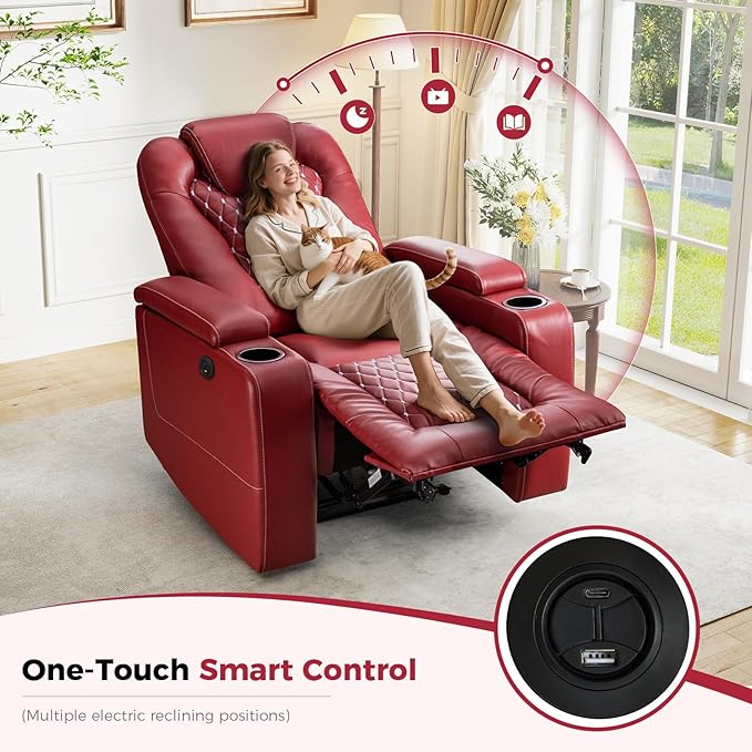 ANJ Power Recliner Chair Set of 8, Electric Soft Faux Leather Reclining Home Theater Seating - USB Ports, Cup Holders, Hidden Arm Storage Movie & Media Room Chairs (Red)