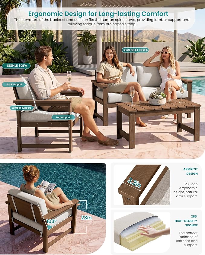SERWALL 3 Pieces HDPE Outdoor Sofa Bistro Set with Cushion, Patio Outdoor Furniture Sofa Sets with Porch Chairs and Coffee Table, Brown Frame/Khaki Cushion