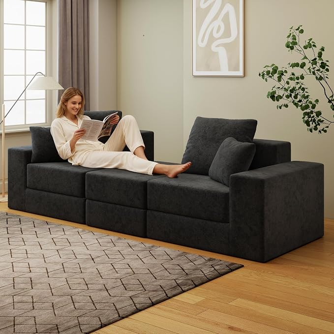 Cloud Modular Sectional Sofa, Comfy Boneless Couch for Living Room, Modern L-Shaped Couch with Reversible Chaise, Customizable Sleeper Sofa with Non Slip, No Assembly & Deep Seat, Black
