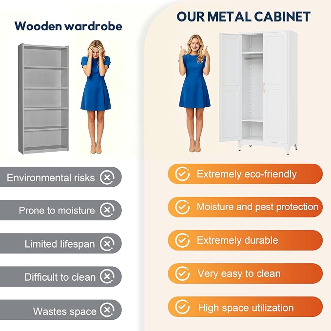 UNICOLY Armoire Wardrobe Closet with Doors, 71'' Wardrobe Cabinet with Hanging Rod, Metal Closet with 2 Adjustable Shelves for Bedroom School, Employee, Gym, Armarios De Ropa para Dormitorio, White