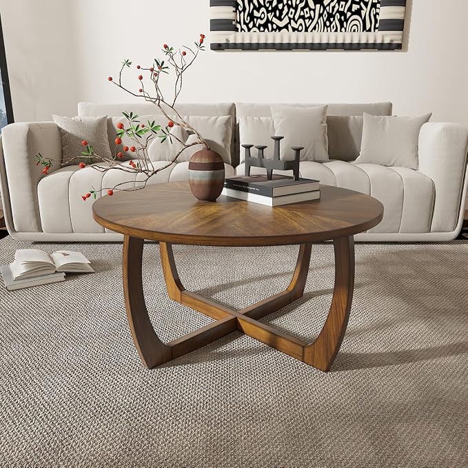 Round Wood Coffee Table, Solid Hardwood Coffee Tables for Living Room, Mid-Century Modern Coffee-Table with Criss-Cross Legs, 33.5" D x 17.7" H, Designed Home Furniture, Easy Assembly, Center Table
