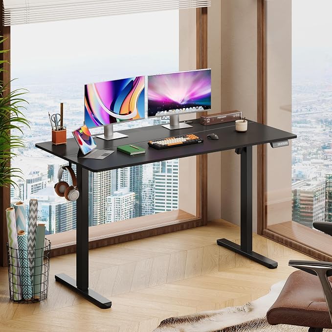 DEVAISE 55 Inch Electric Standing Desk, 3 Adjustable Computer Desk for Home Office, Ergonomic Sit to Stand Desk with LED Touchscreen，Headphone Hook, 3 Memory Preset, with Split Top, Black