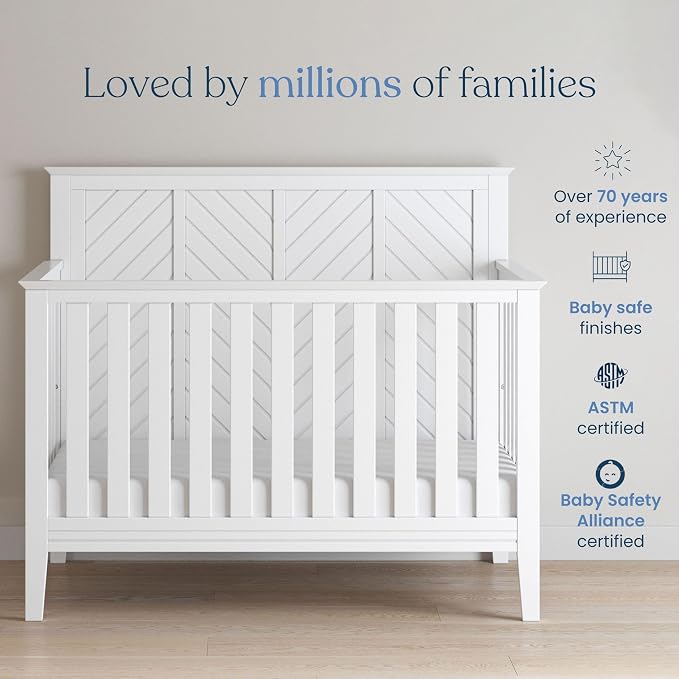 Child Craft Atwood 4-in-1 Convertible Baby Crib, Wooden Nursery Furniture Converts to Daybed, Toddler Bed and Full-Size Bed, 3 Mattress Height Adjustments, Non-Toxic Baby Safe Finish, Matte White | 4-in-1 Crib
