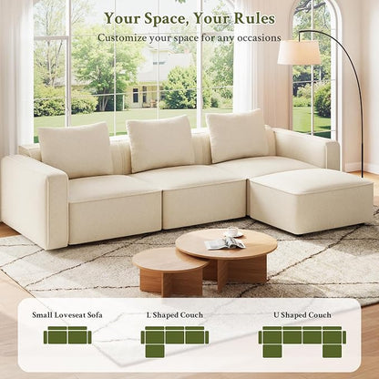 Welzona 132" Sectional Couch, Locked-in Modular Sectional Sofa, Wood Frame Couches for Living Room, 22" Deep Seat U Shaped Couch with Ottoman Chenille Cloud Sofa Tool-Free Setup Sofas for Living Room
