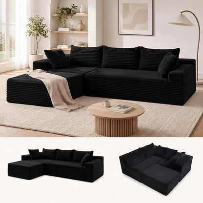 Claiks 94" Boneless Couch, Cloud Couch Sectional, L-Shape Corduroy Modular Sectional Sofa Deep Seat, Upholstered Couches for Living Room, No Assembly Required, Black