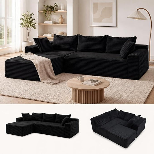 Claiks 104" Boneless Couch, Cloud Couch Sectional, L-Shape Corduroy Modular Sectional Sofa Deep Seat, Upholstered Couches for Living Room, No Assembly Required, Black