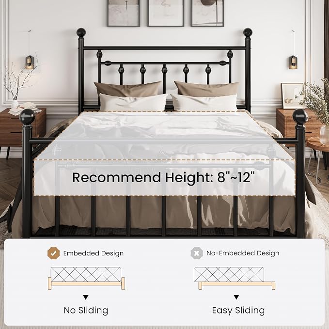 SHA CERLIN 14" Full Size Metal Platform Bed Frame/Victorian Headboard and Footboard/Steel Slats Mattress Foundation for Storage/No Box Spring Needed/Noise Free/Black