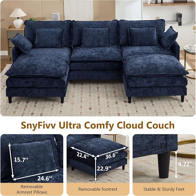 113" Chenille Modular Sectional Sofa, Convertible L Shaped Modular Sofa Comfy Cloud Couch with Ottoman, Side Pockets and 5 Throw Pillows for Living Room (Blue, 113" - 5 Seats)