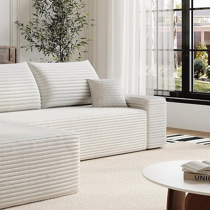 107" Corduroy Couch for Office, Cloud L Shape Sofa, Deep Seat Comfy Couches for Living Room Bedroom Apartment, Compressed Foam No Assembly Required, Left Facing Chaise, White