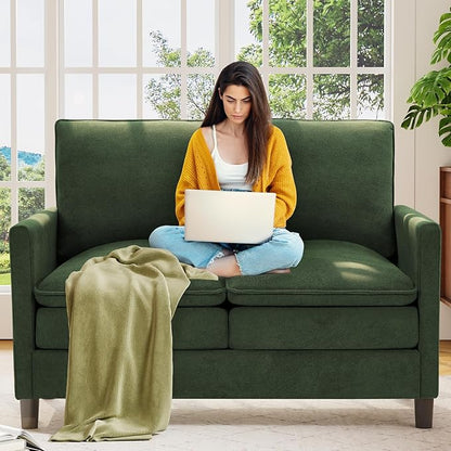 Welzona 3-Layers Cloud Loveseat Sofa, 51" Small Couch for Living Room, Bedroom - Tool-Free Assembly with Teddy Fabric Small Sofa - Green - Futon Couch - Removable Washable Covers - 650lbs Capacity
