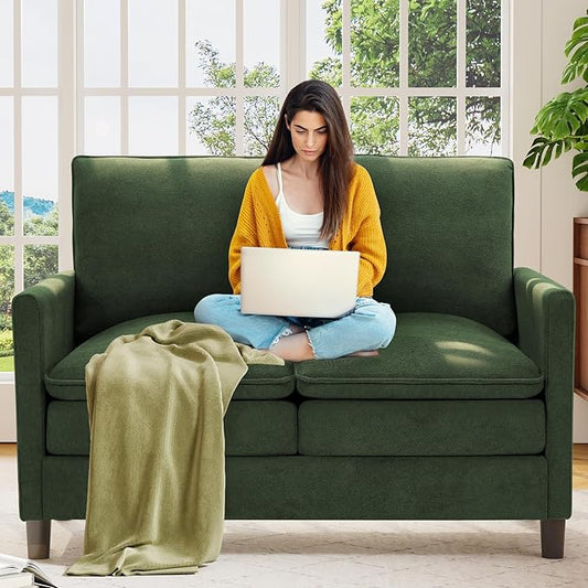 Welzona 3-Layers Cloud Loveseat Sofa, 51" Small Couch for Living Room, Bedroom - Tool-Free Assembly with Teddy Fabric Small Sofa - Green - Futon Couch - Removable Washable Covers - 650lbs Capacity