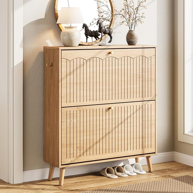 Nicetree Shoe Cabinet Storage for Entryway, 2-Flip Drawer Narrow Shoe Rack with 3-Level Adjustable Shelves, Slim Wood Storage Cabinets for Small Spaces Luminous Natural Oak