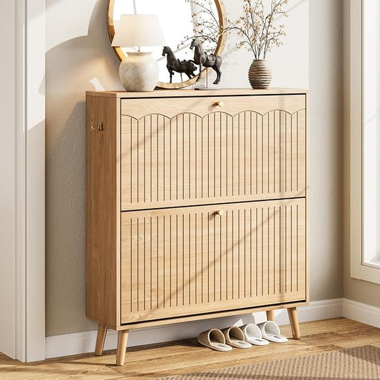 Nicetree Shoe Cabinet Storage for Entryway, 2-Flip Drawer Narrow Shoe Rack with 3-Level Adjustable Shelves, Slim Wood Storage Cabinets for Small Spaces Luminous Natural Oak