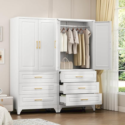 Metal Armoire Wardrobe Closet, 3 Drawers Clothes Storage Cabinet | Metal Wardrobe Cabinet with Doors, Hanging Rod, 71"Tall White Armoires, Closet for Bedroom, Bathroom, Gym