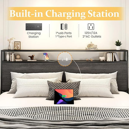 Lifezone King Bed Frame with 2-Tier Storage Headboard, Metal Platform Bed Frame with 4 Storage Drawers, Built in Charging Station & LED, Noise-Free/Metal Support/No Box Spring Needed, Rustic Grey