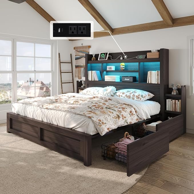 LUXOAK King Bed Frame with 49.6" Bookcase Headboard & 2 Bedside Stoage Racks & 4 Drawers, Farmhouse Wood Bed Frame with RGB LED & Charging Station, No Box Spring Needed, Black