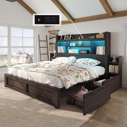 LUXOAK King Bed Frame with 49.6" Bookcase Headboard & 2 Bedside Stoage Racks & 4 Drawers, Farmhouse Wood Bed Frame with RGB LED & Charging Station, No Box Spring Needed, Black