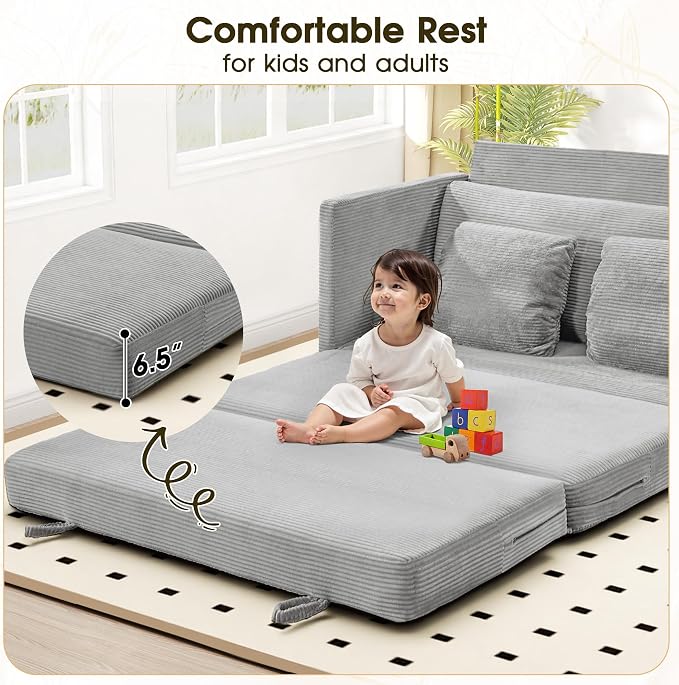 65" Convertible Loveseat Sofa Bed, 2-in-1 Folding Sofa Bed with 2 Pillow for Small Spaces, Modern Loveseat Sleeper Couch for Apartment, Living Room & Guest Room (Corduroy Light Grey, 65 inch)