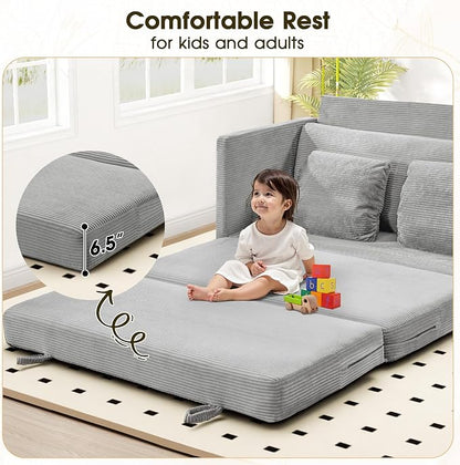 65" Convertible Loveseat Sofa Bed, 2-in-1 Folding Sofa Bed with 2 Pillow for Small Spaces, Modern Loveseat Sleeper Couch for Apartment, Living Room & Guest Room (Corduroy Light Grey, 65 inch)