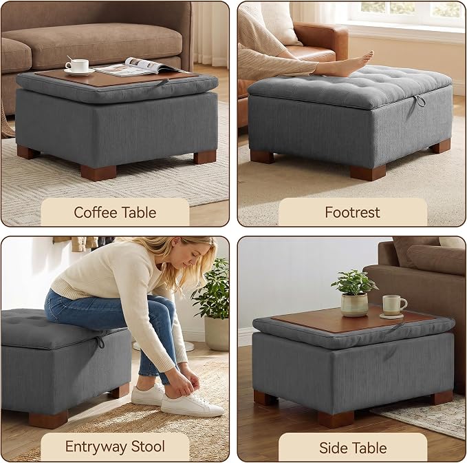 30 Inch Square Storage Ottoman Coffee Table, Modern Tufted Upholstered Ottoman with Flip Tray and Solid Wood Legs, Suitable for Living Rooms, Linen Grey