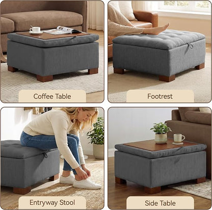 30 Inch Square Storage Ottoman Coffee Table, Modern Tufted Upholstered Ottoman with Flip Tray and Solid Wood Legs, Suitable for Living Rooms, Linen Grey