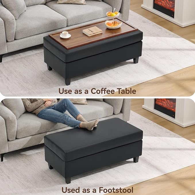 WUTUTUEE 45" Faux Leather Storage Ottoman Bench with Wooden Tray, Black Large Upholstered Foot Stool, Multifunctional Coffee Table Storage Bench with Solid Wood Legs for Living Room Bedroom Entryway