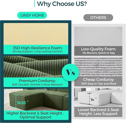 LINSY HOME Modular Sectional Sofa, 105" Boneless Couch U Shaped 3-Seat Sofa with 2 Ottomans, Corduroy Sectional Cloud Couches for Living Room, No Assembly Required(Green)