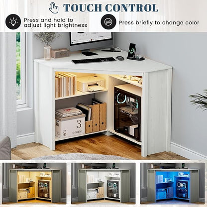 Corner Desk with Charging Station and LED Lights, White | Triangle gaming computer desk for home office, Features space saving storage shelves, CPU stand, and smart LED light