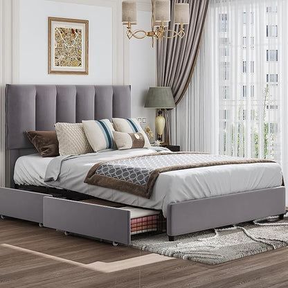 VECELO Full Size Bed Frame with 4 Storage Drawers, Adjustable Height Headboard, Heavy-Duty Platform Bedframe with Strong Wooden Slats, No Box Spring Needed, Dark Grey