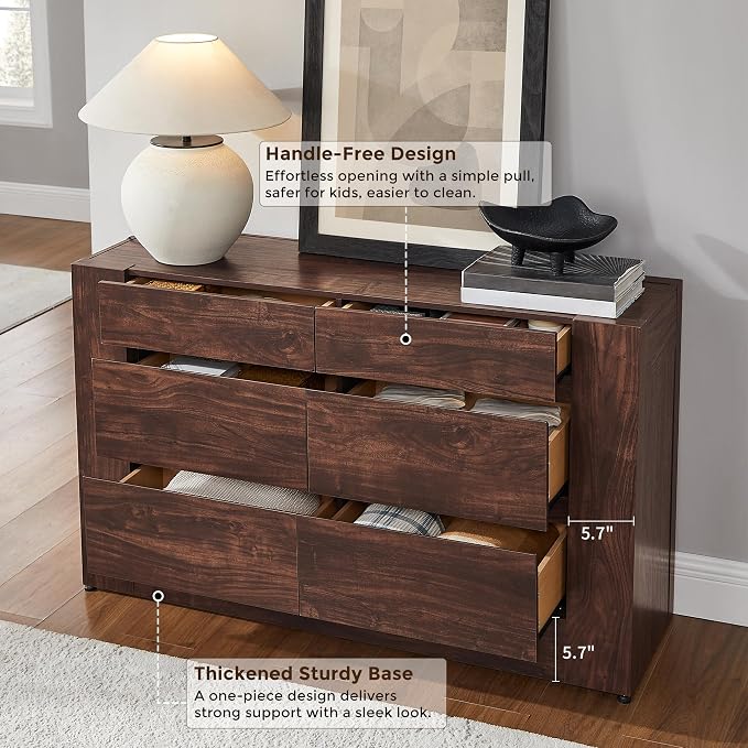 OKD 6 Drawer Dresser for Bedroom, 54" Wide Chest of Drawers with Thick Wood Design, Handleless, Modern Bedroom Dresser, Storage Organizer for Living Room/Entryway/Hallway, Dark Walnut