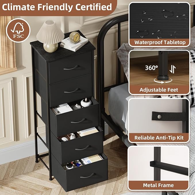 Somdot Tall Dresser for Bedroom with 5 Drawers, Storage Organizer Chest of Drawers with Removable Fabric Bins for Closet Bedside Living Room Laundry Entryway Hallway, Black