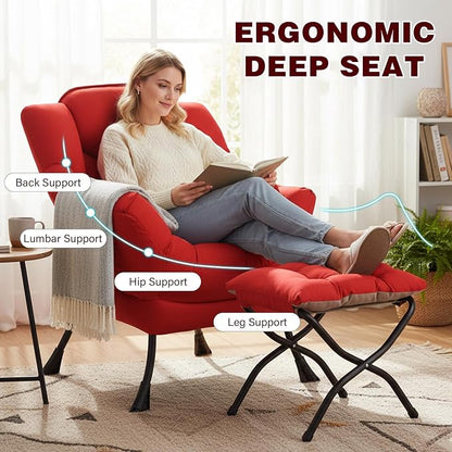 Lazy Chair with Ottoman, Modern Accent Chair Contemporary Sofa Chair with Armrests, Reading Chair and Folding Footstool Set for Living Room, Bedroom, Office, Red