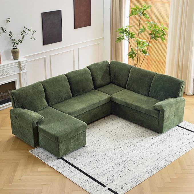 VINGLI 111 Inch U-Shaped Convertible Sofa Bed, 7 Seat Modular Sectional Sleeper Sofa with Pull Out Couch Bed Couches for Living Room with Storage Chaise, USB Charging, Side Pockets