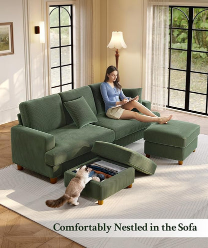 Welzona 87.2" Couches for Living Room, Comfy U Shaped Couch Green 7.5" Thicker Cushion, Sofas for Living Room Tool-Free Setup, Loveseat with Ottoman 848lbs Support, Corduroy Couch for Bedroom, Office