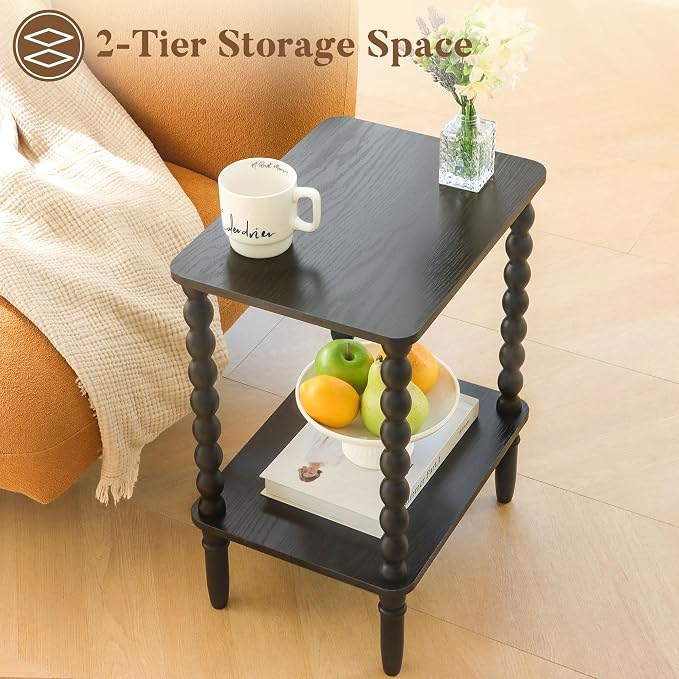Fultyle Black Side Table, Small End Table with 2-Tier Shelf, Vintage Night Stand with Storage for Bedroom Living Room, Small Spaces (Black)