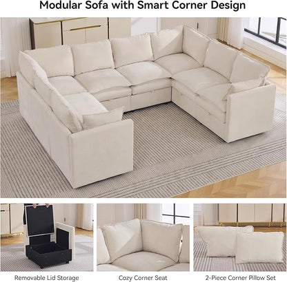 105" Beige Oversized Modular Storage Sofa, U Shaped Chenille Cloud Couch | Oversized Convertible Sectional Sofa, 8-Seat Sectional Couch With Armrests, Large Cloud Couch For Living Room, Apartment.
