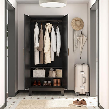 Metal Wardrobe Closet with Doors and Shelves, 71" Farmhouse Bedroom Armoire with Hanger Rod and Clothing Shelf, Black Metal Closet Cabinet for Garage, Office, Laundry Room