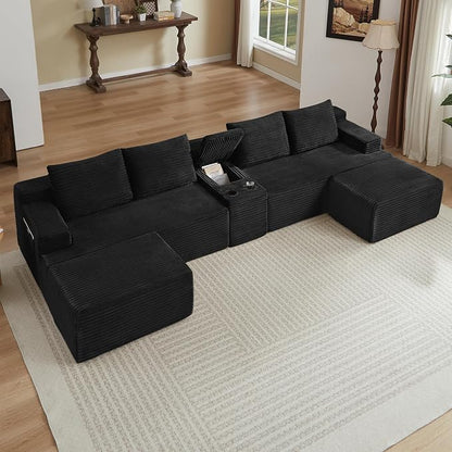 ivoros 140 Inch Modular Sectional Sofa Couch, Oversized Modern Cloud Couch for Living Room, U Shape Couches with 2 Ottomans and Cup Holders,Black Corduroy Boneless Sofas,Sofa in a Box