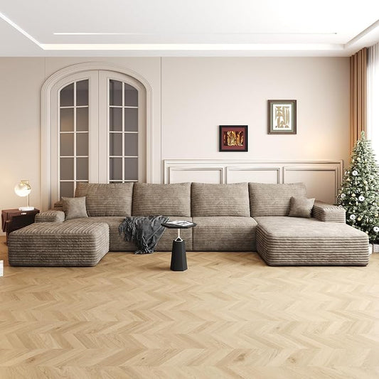 135" U Shaped Boneless Couch with Ottoman, Convertible Sleeper Compression Sofa, Corduroy Couch Sectional for Living Room Bedroom, Deep Seat Foam Cloud Sofas No Assembly, Right Facing Chaise, Camel