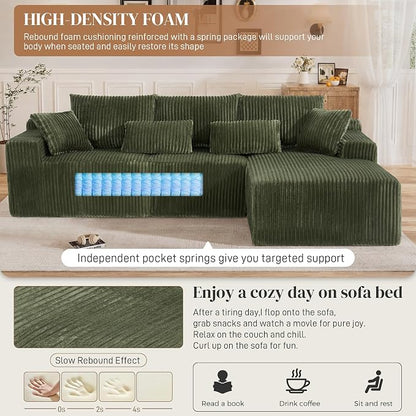 110" L Shaped Cloud Boneless Sectional Couches for Living Room, Modern Comfy Modular Deep Seat Memory Foam Compressed Corduroy Sofa Oversized Right Facing Chaise, No Assembly Required, Green