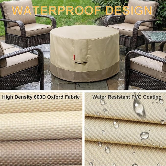 SheeChung Round Gas Fire Pit/Table Cover-Heavy Duty 600D Polyester with PVC Coating Material,100% Weather Resistant & Waterproof,Fits 30",32",33",34",35"and 36" Firepit/Bowl Cover,36"Dia X 24"H Beige