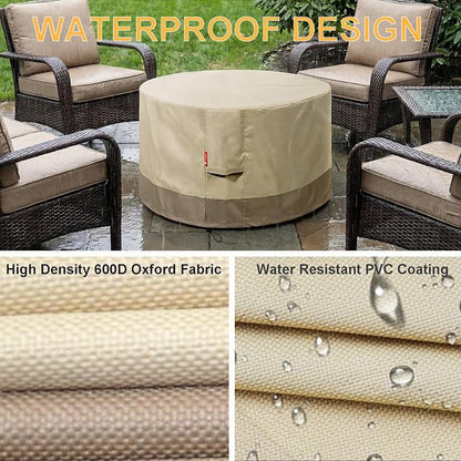 SheeChung Round Gas Fire Pit/Table Cover-Heavy Duty 600D Polyester with PVC Coating Material,100% Weather Resistant & Waterproof,Fits 30",32",33",34",35"and 36" Firepit/Bowl Cover,36"Dia X 24"H Beige