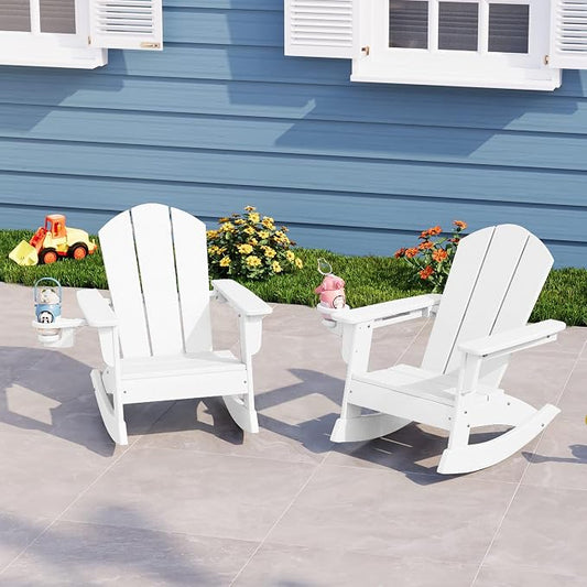 Costaelm Paradise Kids Outdoor Preschool HDPE Plastic Classic Adirondack Rocking Chair (Set of 2), White