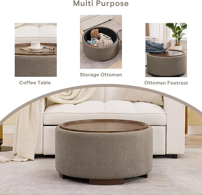 29.5 Inch Round Storage Ottoman Coffee Table,Modern Circle Coffee Table with Storage with Removable Lid Top and Solid Wood Legs,Large Round Ottoman for Bedroom,Living Room,Teddy Fleece,Brown